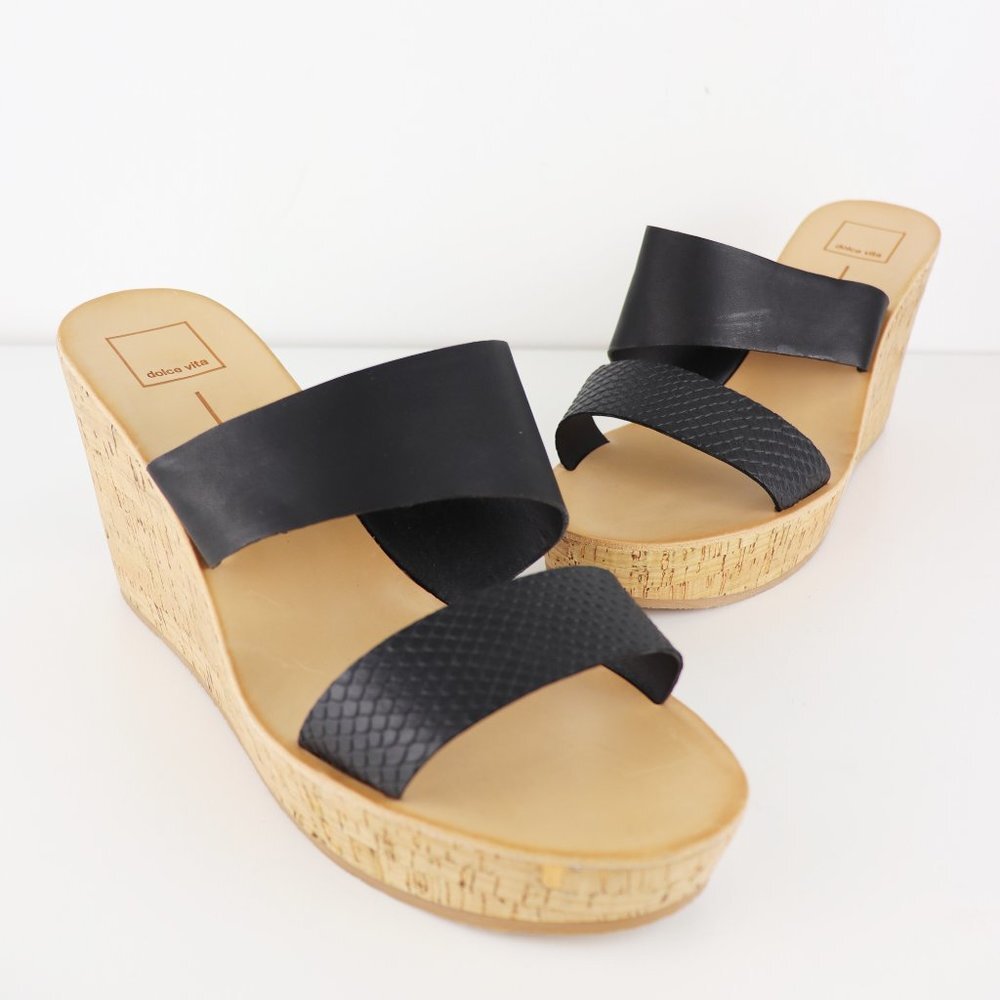NEW Dolce Vita Percie Leather Cork Platform Wedge Sandal Black 11